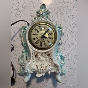 Vintage Lanshire Electric Porcelain Clock with Blue and Gold Details Signed
